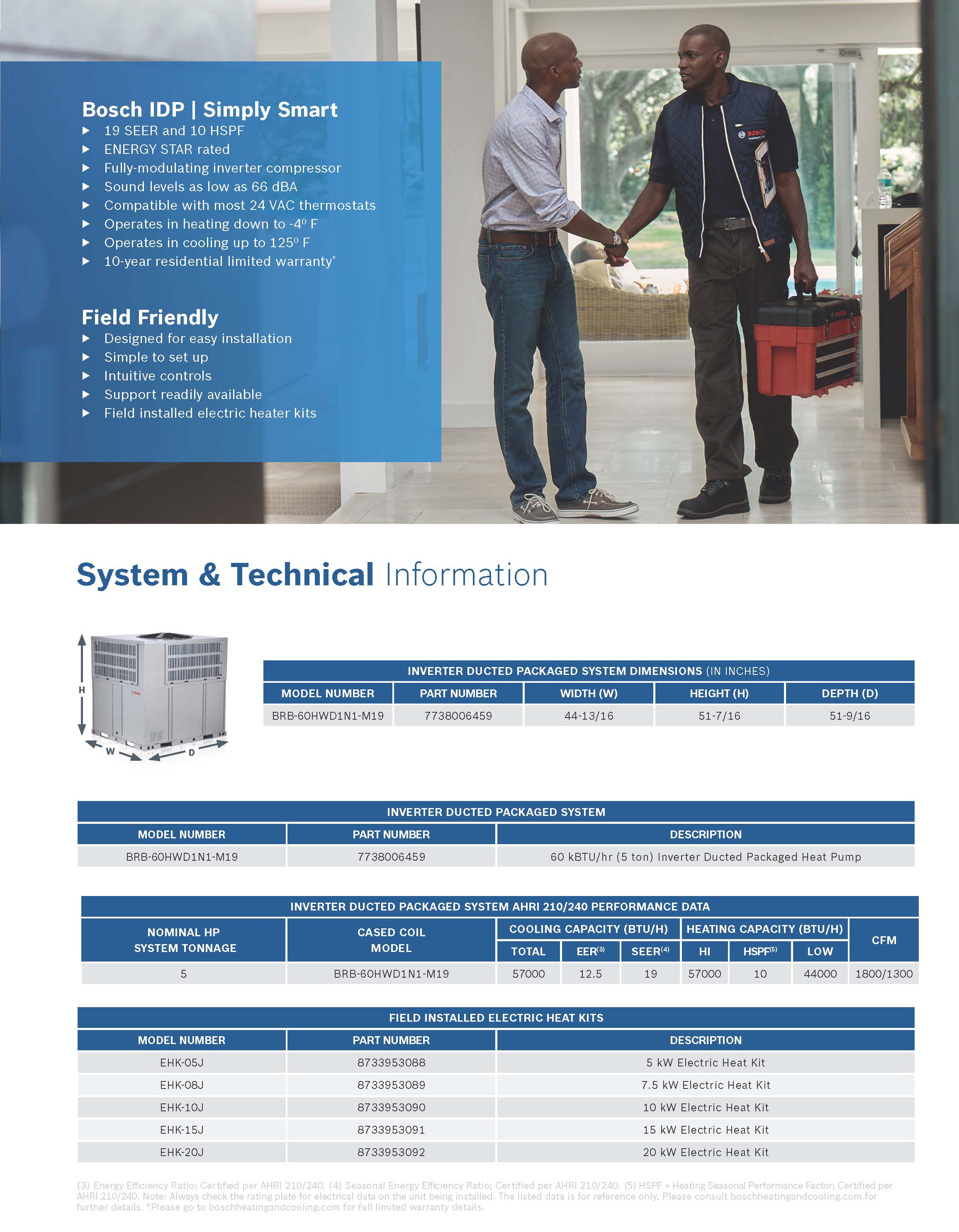 5 Ton Bosch 19 SEER Inverter Compressor Heat Pump DOWN-FLOW or HORIZONTAL Package Unit BRB-60HWD1N1-M19 (2827)(T)